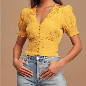 ASTR Golden Yellow Jacquard Button-up Puff-sleeve Top